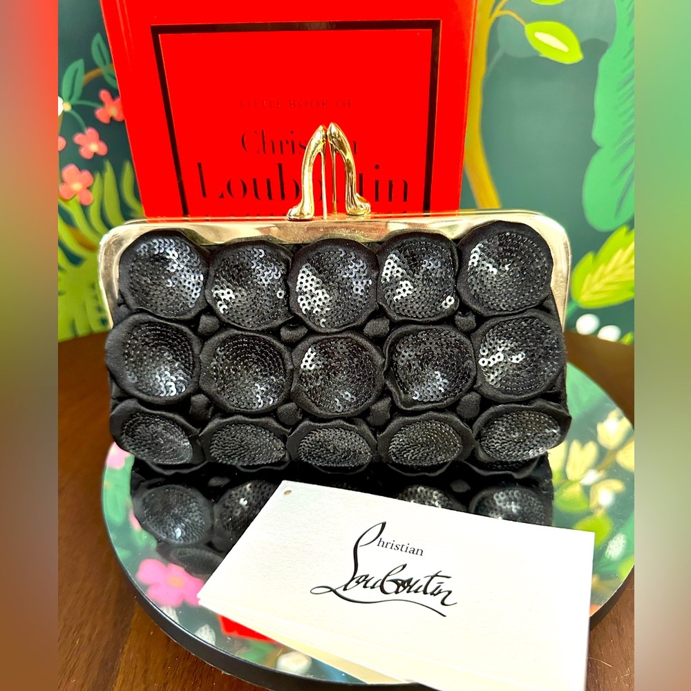 SOLD 🏆Christian Louboutin Carillon Black Satin & SequinedKisslock Clutch 💃🩷♥️ - Picture 1 of 11